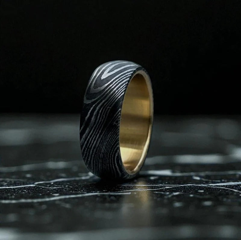 Damascus Steel Ring with Whiskey Barrel Wood Inlay - Handmade Wedding Band