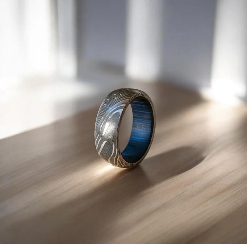 Damascus Steel Wedding Ring: Whiskey Barrel Wood Inlay, Promise Ring