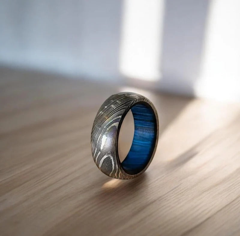Damascus Steel Wedding Ring: Whiskey Barrel Wood Inlay, Promise Ring