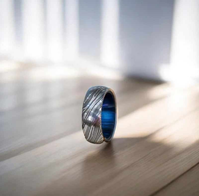 Damascus Steel Wedding Ring: Whiskey Barrel Wood Inlay, Promise Ring