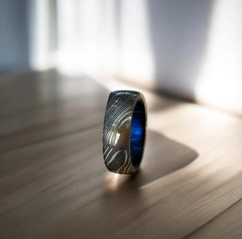 Damascus Steel Wedding Ring: Whiskey Barrel Wood Inlay, Promise Ring