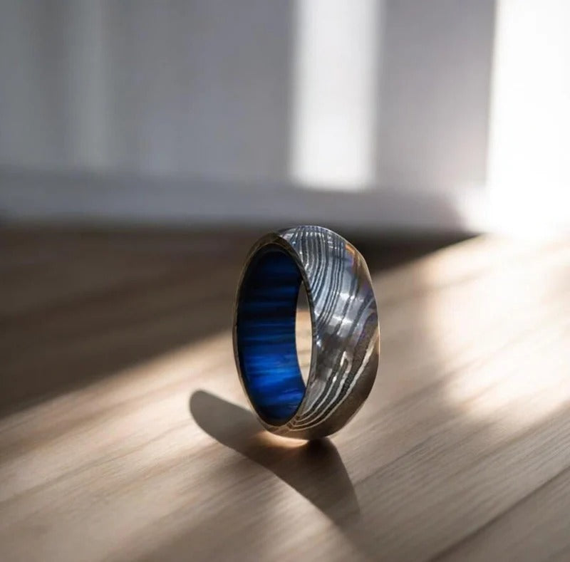 Damascus Steel Wedding Ring: Whiskey Barrel Wood Inlay, Promise Ring