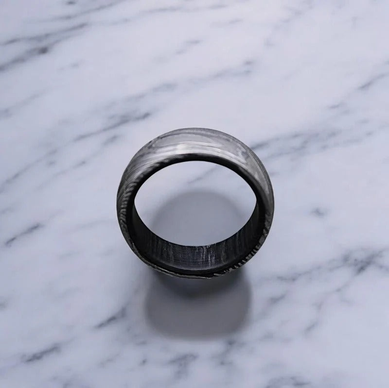 Damascus Steel Whiskey Barrel Ring: Hand Forged Men's Wedding Band