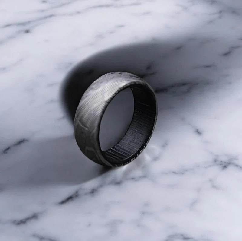 Damascus Steel Whiskey Barrel Ring: Hand Forged Men's Wedding Band