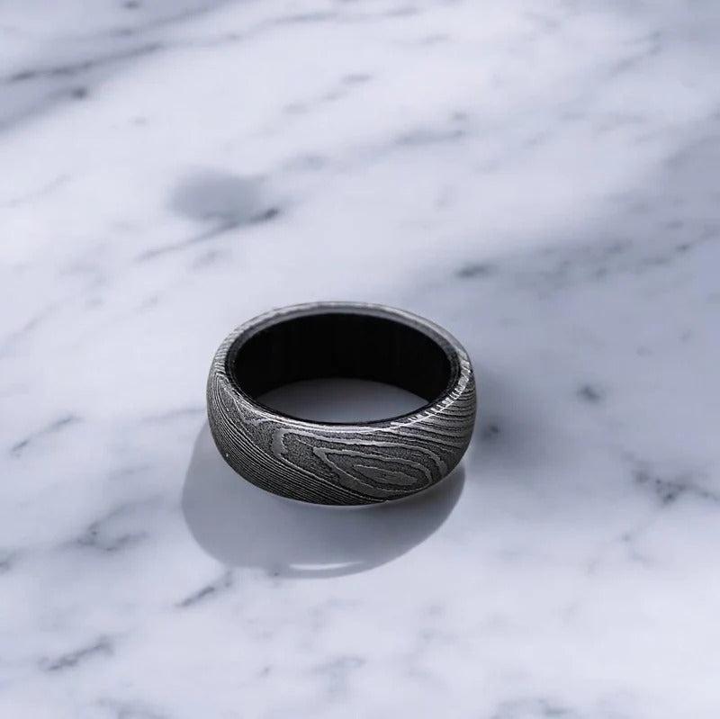 Damascus Steel Whiskey Barrel Ring: Hand Forged Men's Wedding Band