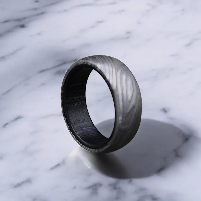 Damascus Steel Whiskey Barrel Ring: Hand Forged Men's Wedding Band