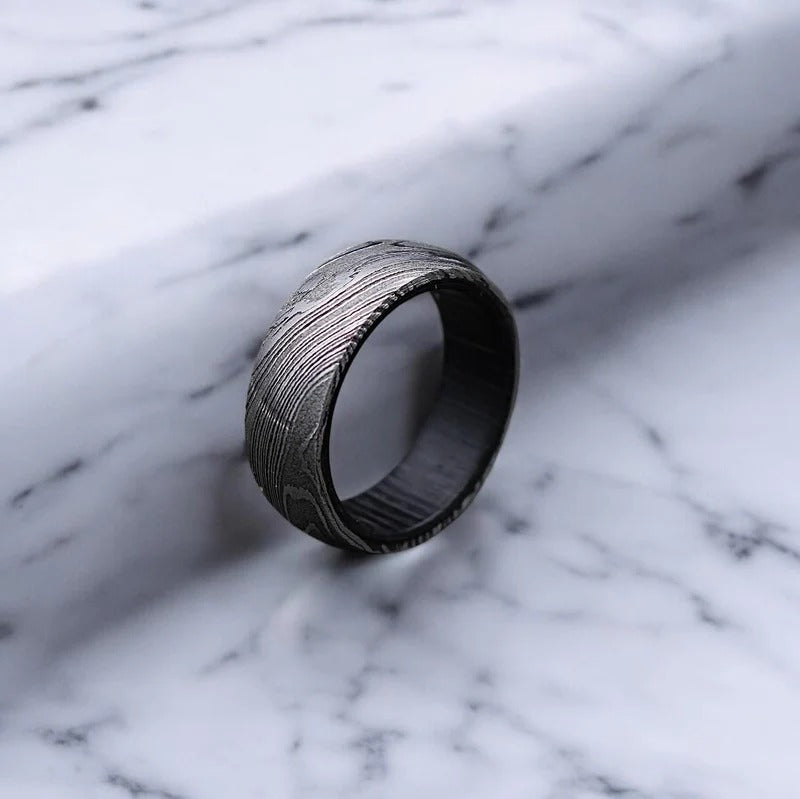 Damascus Steel Whiskey Barrel Ring: Hand Forged Men's Wedding Band