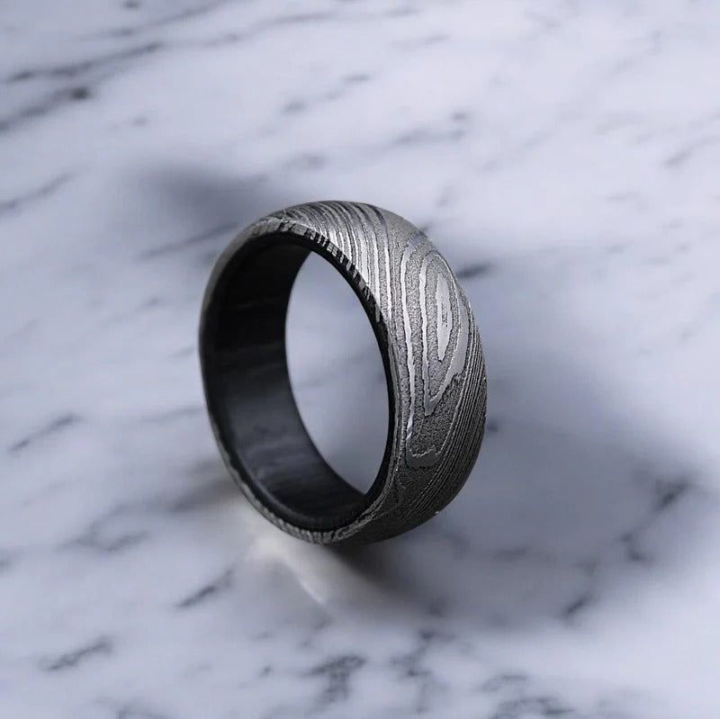 Damascus Steel Whiskey Barrel Ring: Hand Forged Men's Wedding Band