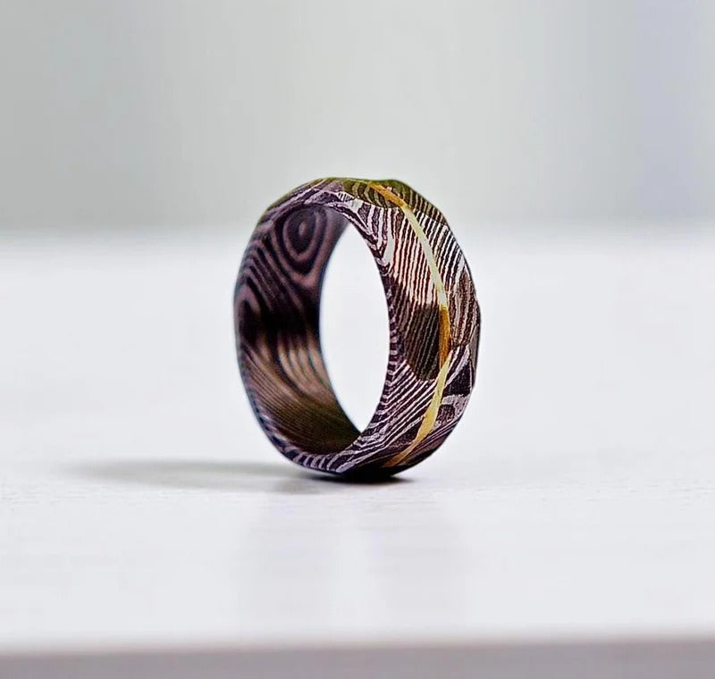Damascus Steel Whiskey Barrel Ring: Hammered Promise Ring