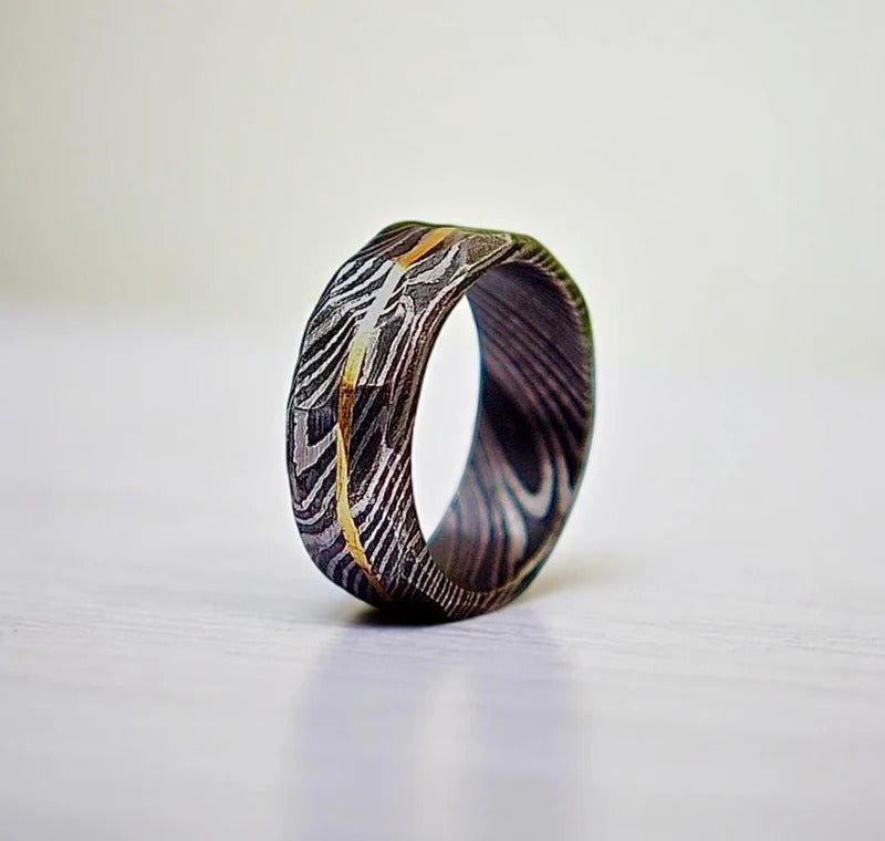 Damascus Steel Whiskey Barrel Ring: Hammered Promise Ring