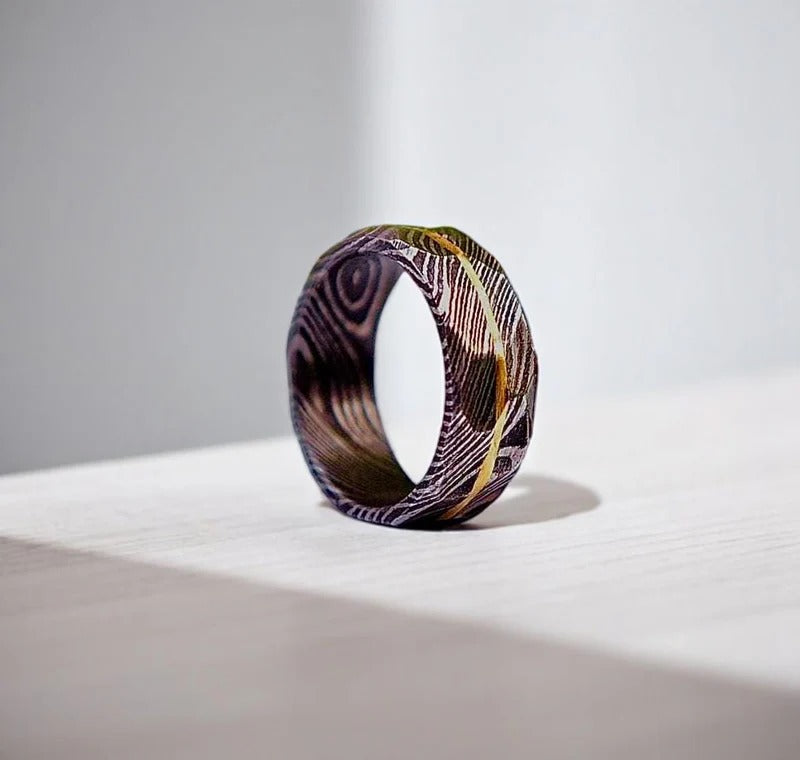Damascus Steel Whiskey Barrel Ring: Hammered Promise Ring