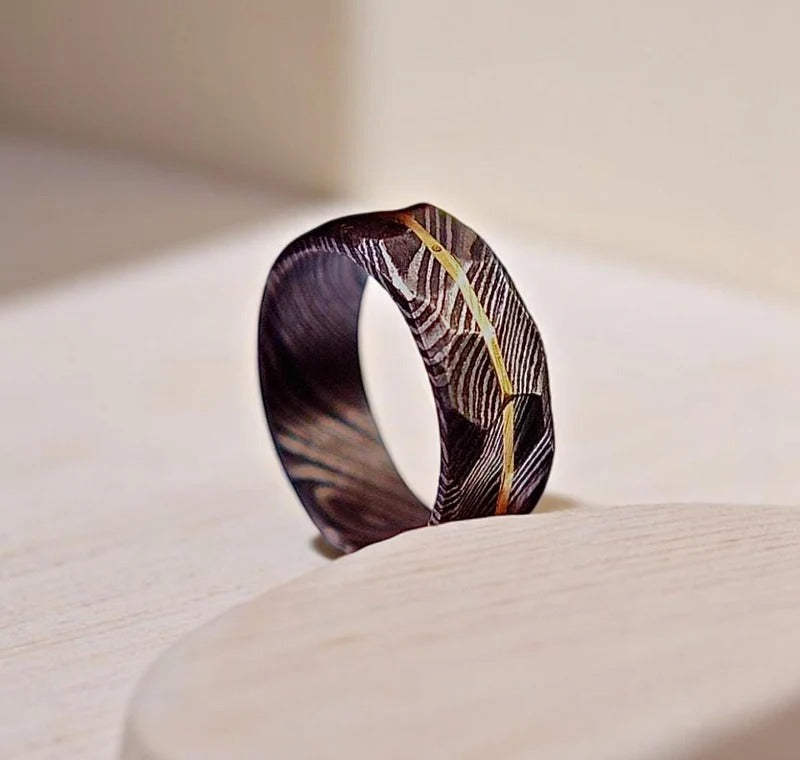 Damascus Steel Whiskey Barrel Ring: Hammered Promise Ring