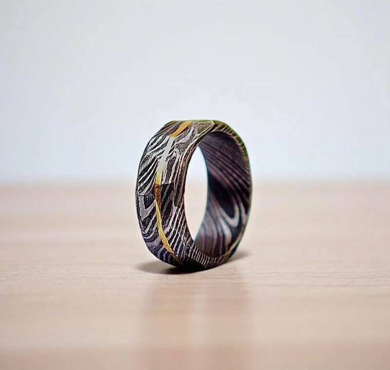 Damascus Steel Whiskey Barrel Ring: Hammered Promise Ring