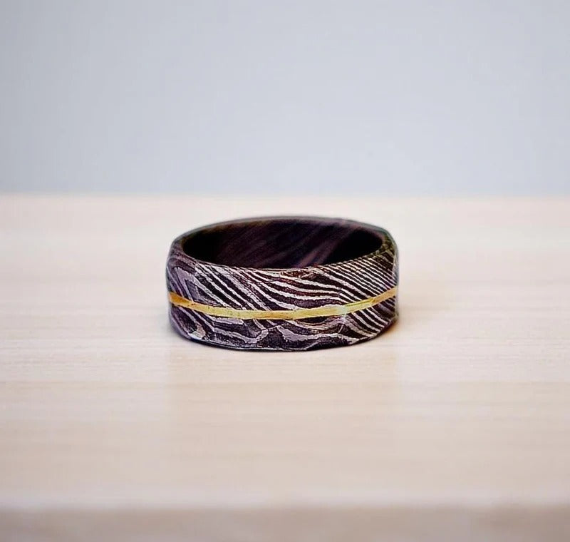 Damascus Steel Whiskey Barrel Ring: Hammered Promise Ring