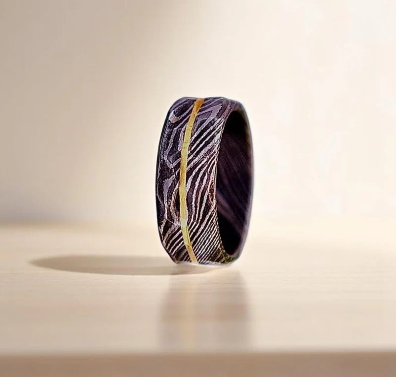 Damascus Steel Whiskey Barrel Ring: Hammered Promise Ring