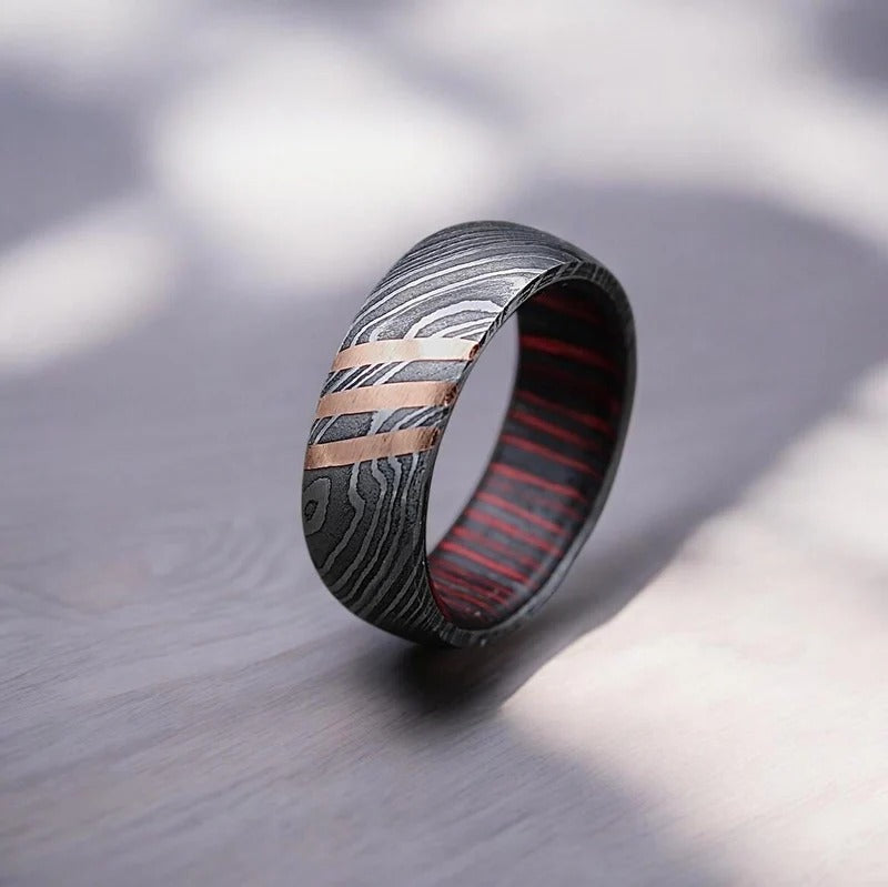 Damascus Steel Whiskey Barrel Wood Inlay Ring