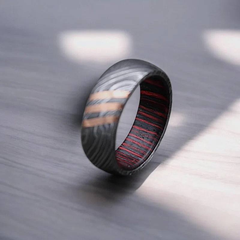 Damascus Steel Whiskey Barrel Wood Inlay Ring