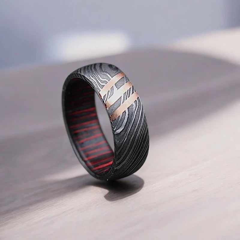 Damascus Steel Whiskey Barrel Wood Inlay Ring