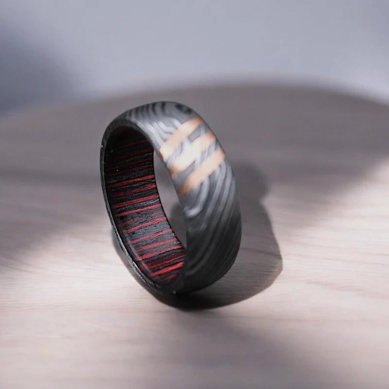 Damascus Steel Whiskey Barrel Wood Inlay Ring
