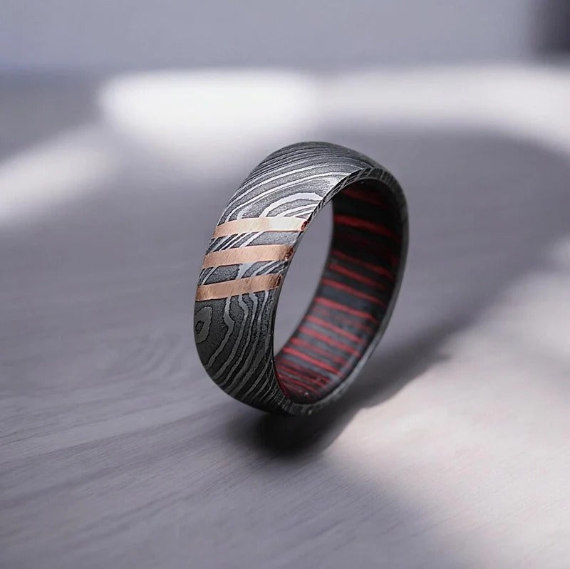 Damascus Steel Whiskey Barrel Wood Inlay Ring