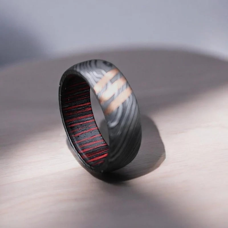 Damascus Steel Whiskey Barrel Wood Inlay Ring