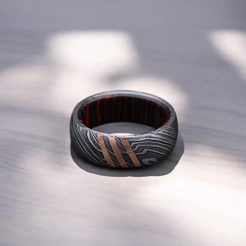 Damascus Steel Whiskey Barrel Wood Inlay Ring
