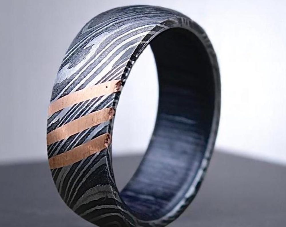 Damascus Steel Whiskey Barrel Wood Ring - Handmade Promise Ring