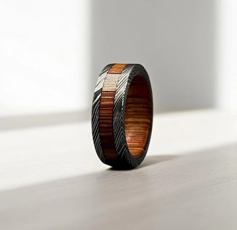 Damascus Steel & Whiskey Barrel Wood Ring: Unique Wedding Band