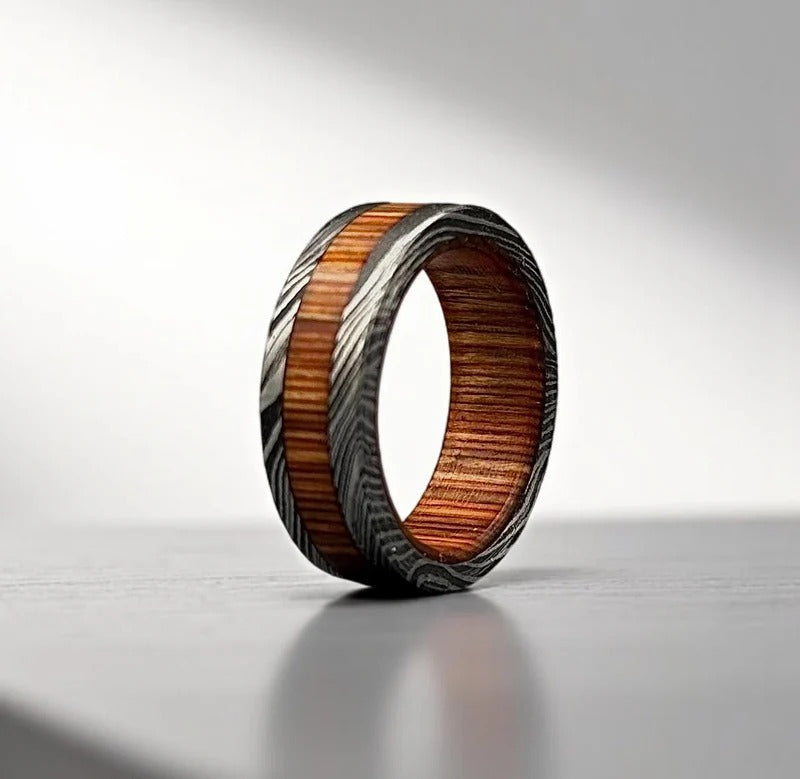 Damascus Steel & Whiskey Barrel Wood Ring: Unique Wedding Band