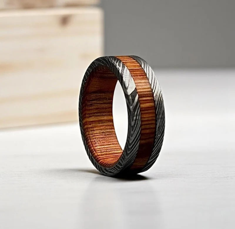 Damascus Steel & Whiskey Barrel Wood Ring: Unique Wedding Band