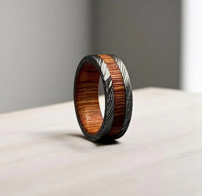 Damascus Steel & Whiskey Barrel Wood Ring: Unique Wedding Band