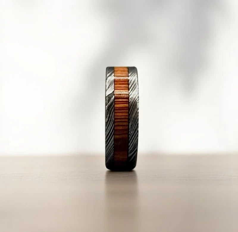 Damascus Steel & Whiskey Barrel Wood Ring: Unique Wedding Band