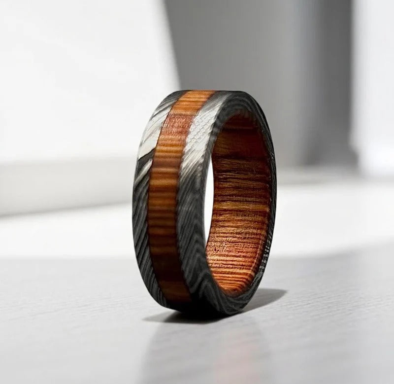 Damascus Steel & Whiskey Barrel Wood Ring: Unique Wedding Band