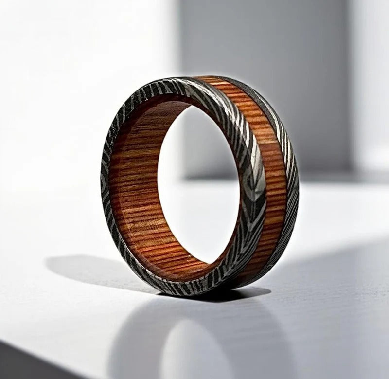 Damascus Steel & Whiskey Barrel Wood Ring: Unique Wedding Band