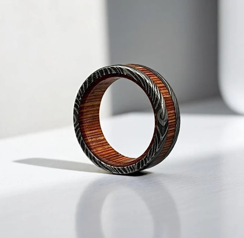 Damascus Steel & Whiskey Barrel Wood Ring: Unique Wedding Band