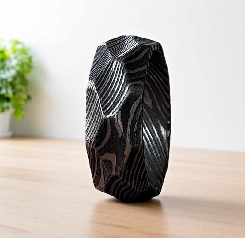 Diamond Cut Damascus Steel Wedding Band: Rock Hammered Wood Inlay