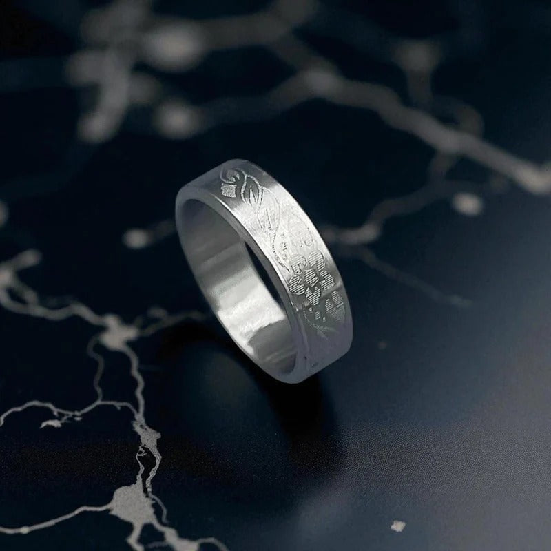 Engraved Titanium Ring – Floral Etched Men’s Band – Handmade Minimal Wedding Ring.