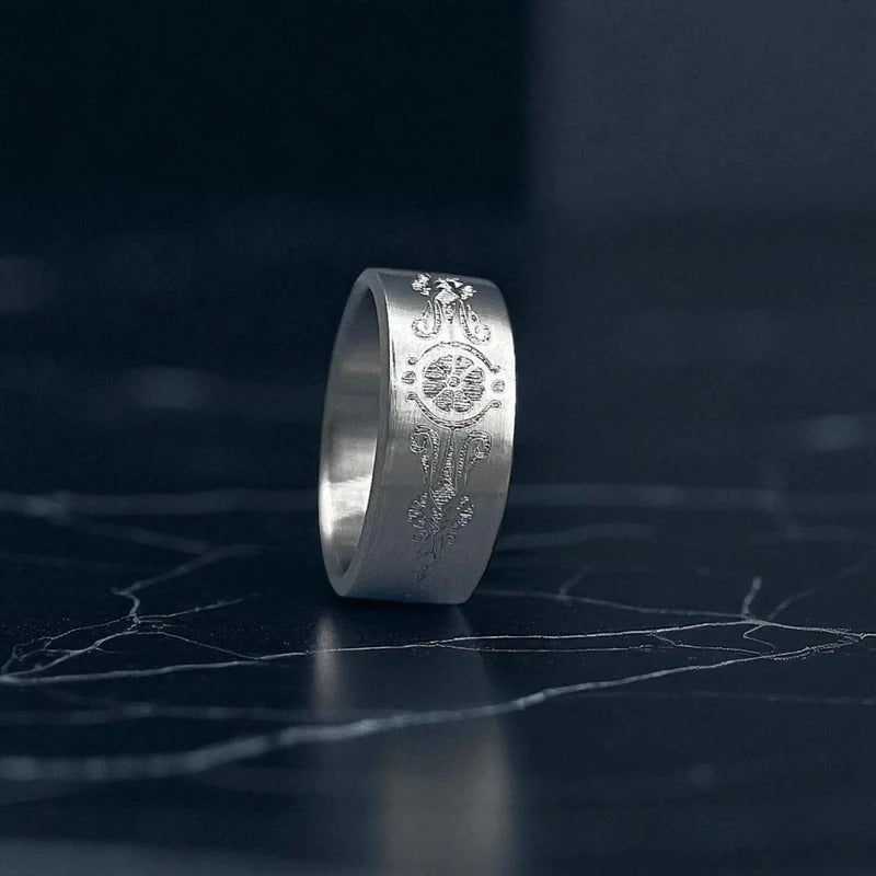 Engraved Titanium Ring – Ornate Vintage Pattern – Handmade Men’s Wedding Band.