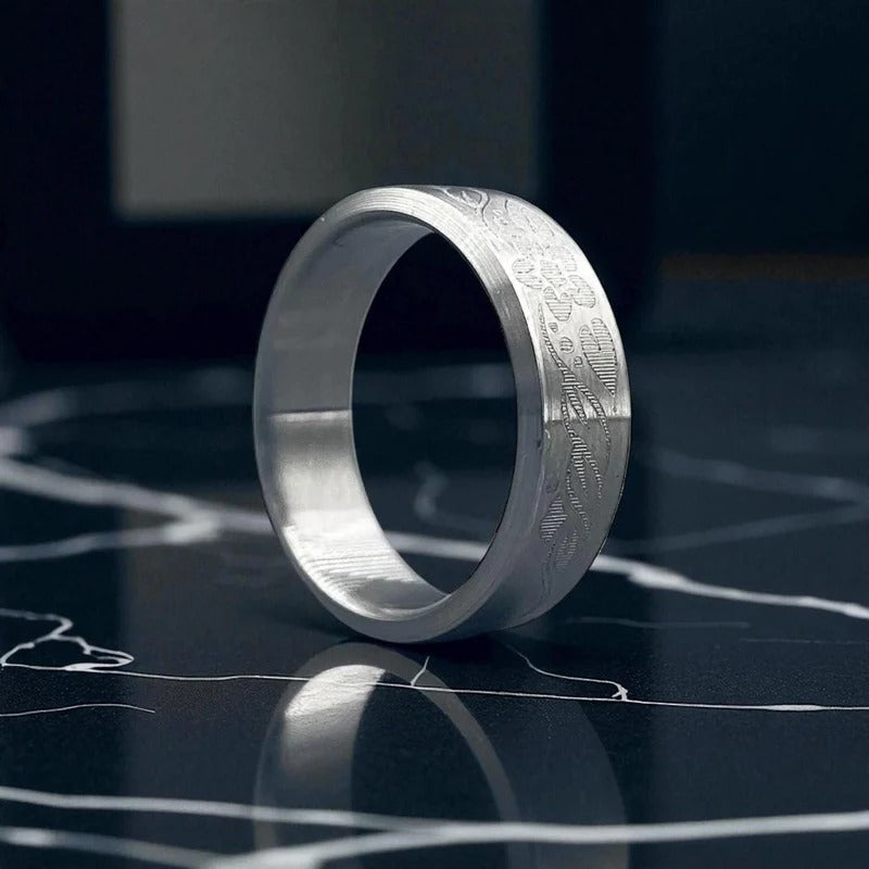 Engraved Titanium Ring – Floral Etched Men’s Band – Handmade Minimal Wedding Ring.