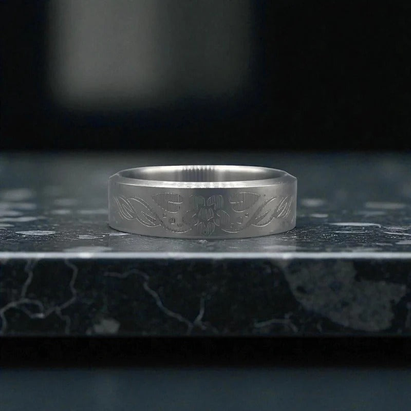 Engraved Titanium Ring – Floral Etched Men’s Band – Handmade Minimal Wedding Ring.