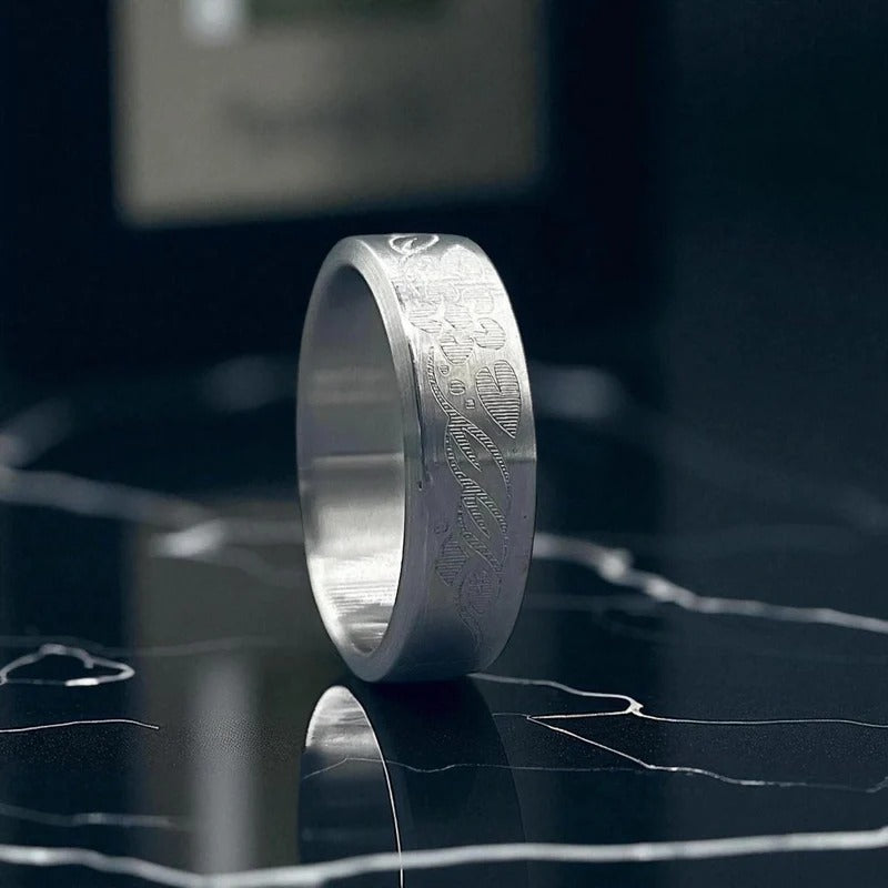 Engraved Titanium Ring – Floral Etched Men’s Band – Handmade Minimal Wedding Ring.