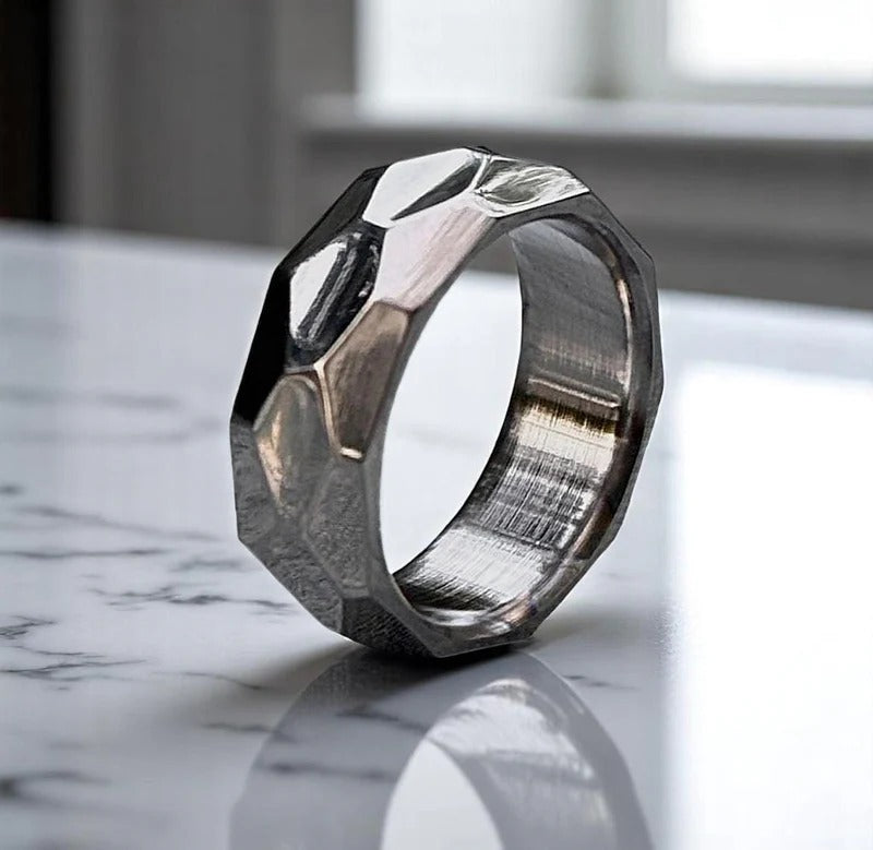 Faceted Hammered Titanium Ring – Geometric Silver Band, Modern Men’s Wedding Band, Unique Handmade Ring for Him.
