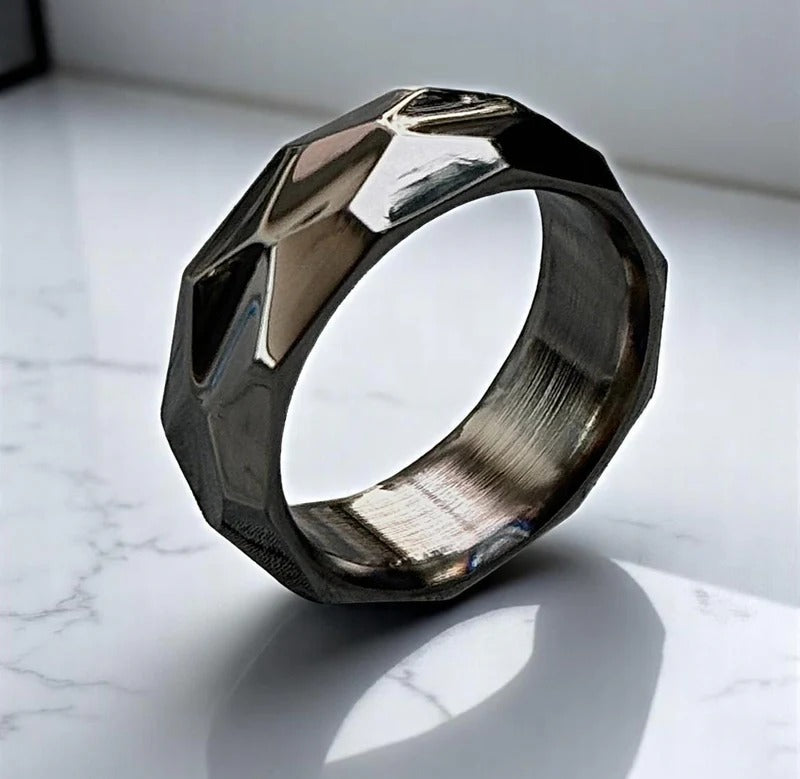 Faceted Hammered Titanium Ring – Geometric Silver Band, Modern Men’s Wedding Band, Unique Handmade Ring for Him.