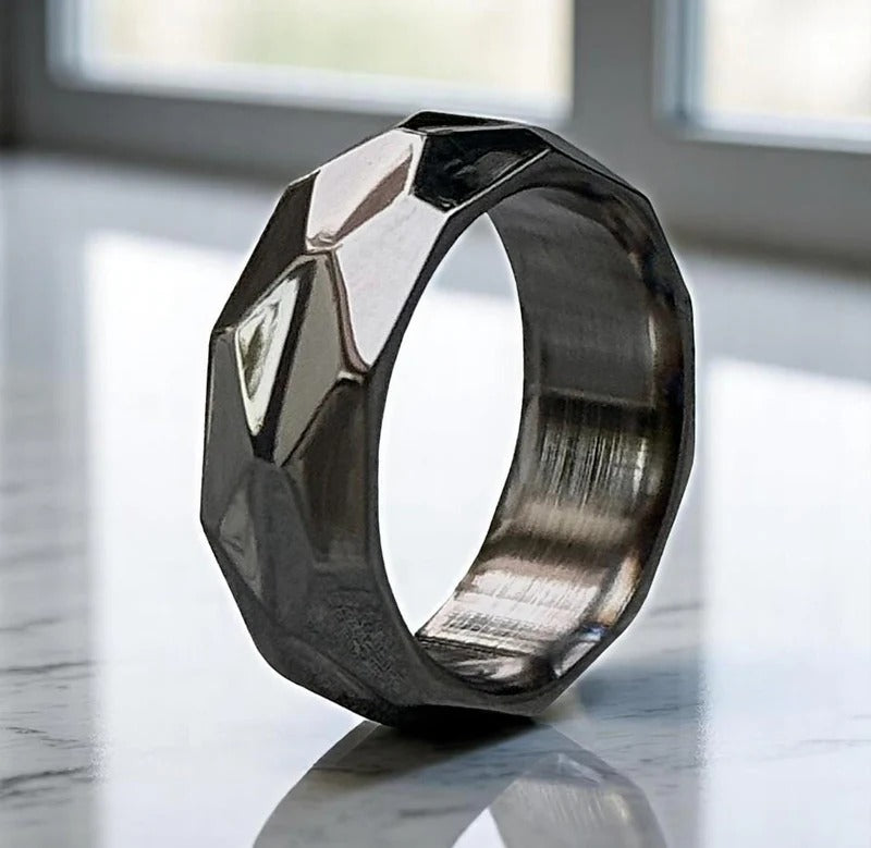 Faceted Hammered Titanium Ring – Geometric Silver Band, Modern Men’s Wedding Band, Unique Handmade Ring for Him.