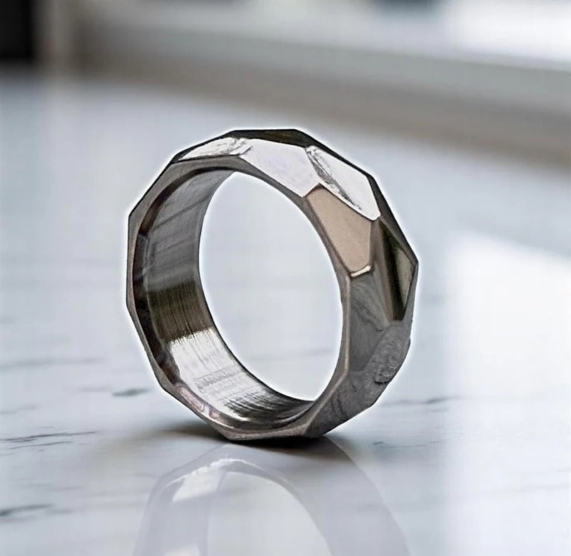 Faceted Hammered Titanium Ring – Geometric Silver Band, Modern Men’s Wedding Band, Unique Handmade Ring for Him.