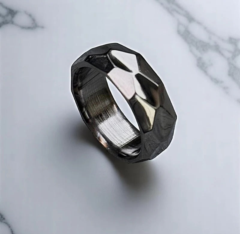 Faceted Hammered Titanium Ring – Geometric Silver Band, Modern Men’s Wedding Band, Unique Handmade Ring for Him.