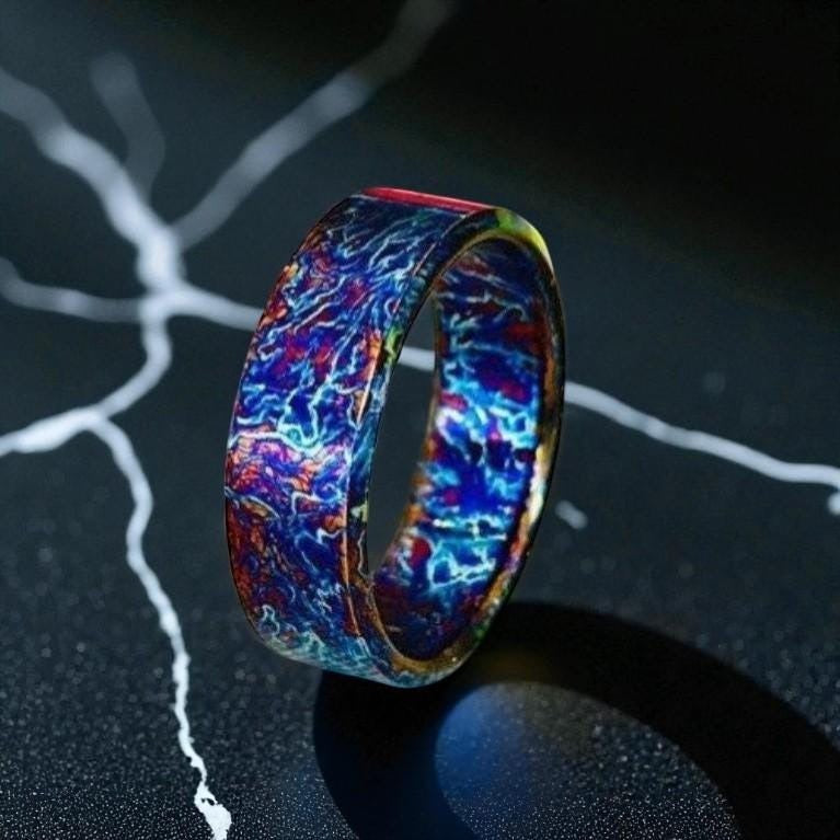 Flame Anodized Titanium Ring: Rainbow Finish Men's Statement Band
