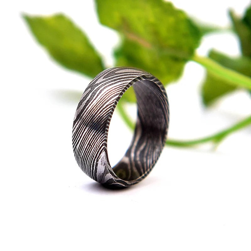 Hand Forged Damascus Steel Ring: Domed Comfort Fit Wedding Band