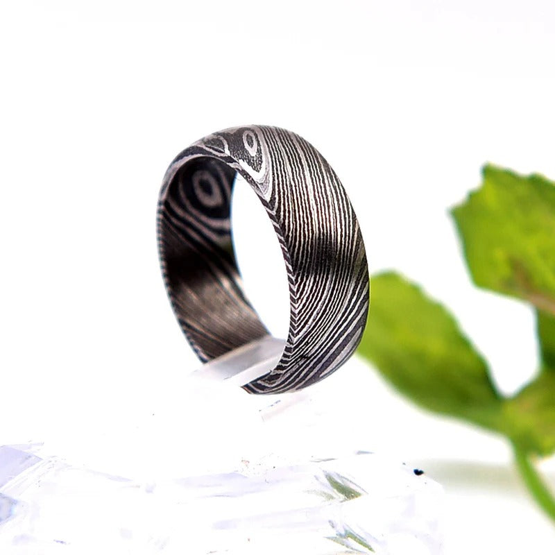 Hand Forged Damascus Steel Ring: Domed Comfort Fit Wedding Band