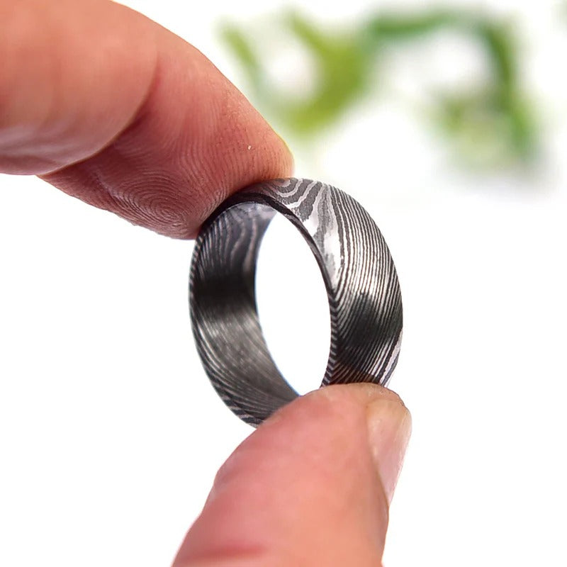Hand Forged Damascus Steel Ring: Domed Comfort Fit Wedding Band